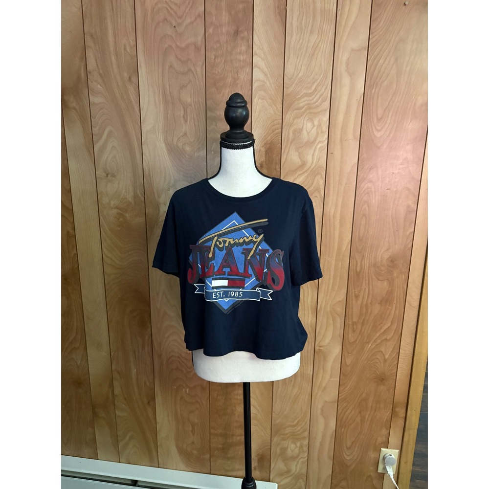 Tommy Jeans‎ Womens Graphic Tee Navy Blue Boxy Cropped Logo T-Shirt Small